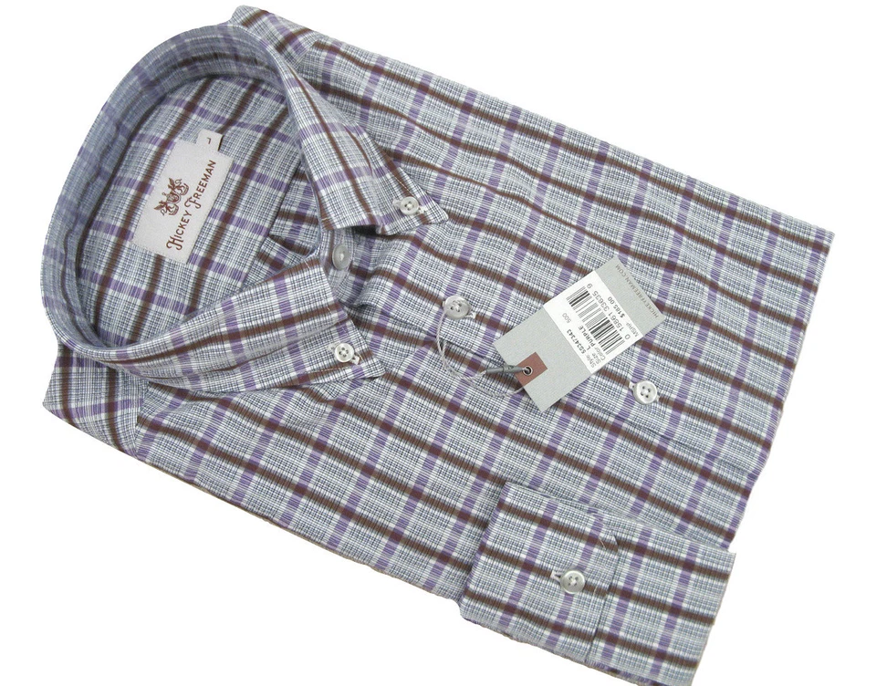 NEW $185 Hickey Freeman Button Front Shirt!  L   Purple Brown Black White Plaid - Image 1 of 1