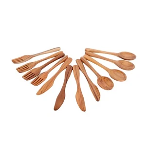 12 Piece Teak Wood Cutlery Set for Dinner, Kitchen Flatware Tableware UtensilS. - Picture 1 of 7