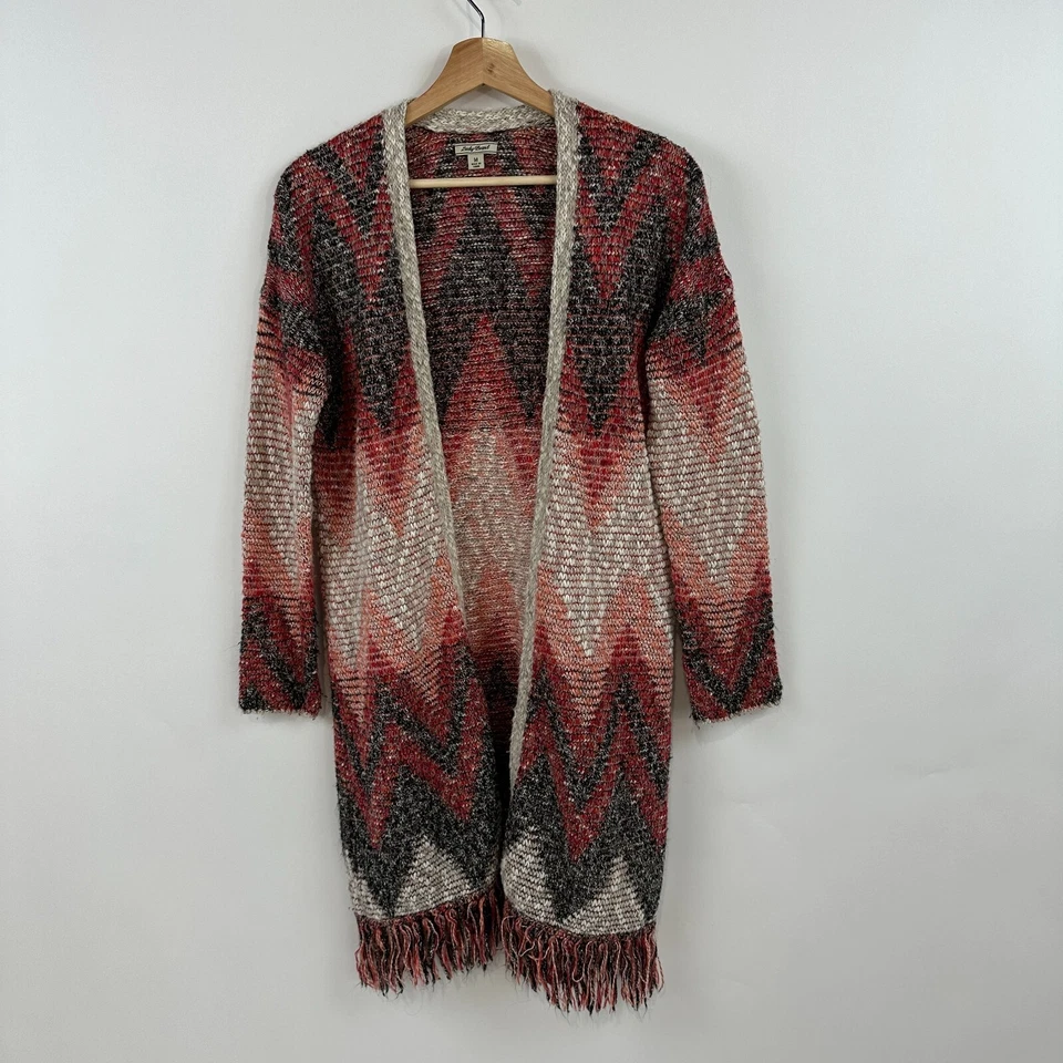 Cárdigan Largo Lucky Brand Mediano Rojo Oscuro Gris Azteca Flecos Plumero Suéter Foto 1 de 4
