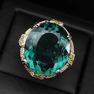 Invaluable Lagoon Green Tourmaline 24.65Ct 925 Sterling Silver Handmade Rings - Picture 1 of 9