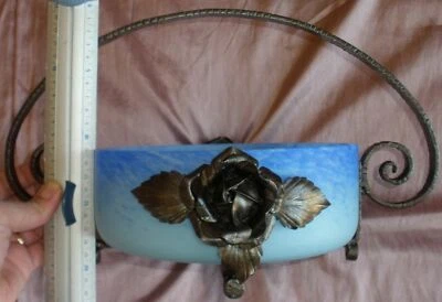 Coupe corbeille / centre table art déco fer forgé & pâte de verre bleu - Degué ? - Photo 1/4