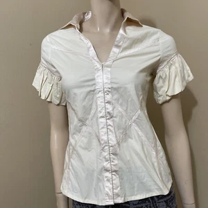 Women’s Ivory Cotton Casual Stretch Slim Hooks Lace Collared Size S Blouse Top - Picture 1 of 20