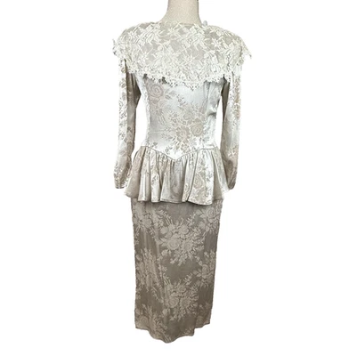 Vestido De Colección Jessica McClintock 8 Crema Floral Jacquard Victoriano Encaje Peplum Años 80 Foto 1 de 4