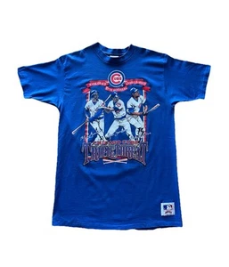 Vintage 90s Nutmeg Mills Chicago Cubs Triple Threat Graphic T-shirt Size XL Blue - Picture 1 of 9