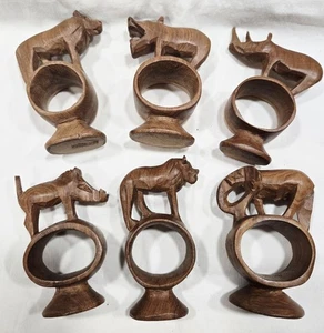 Hand Carved African Safari Animal Wooden Napkin Rings Set of 6 Animalia - Picture 1 of 3