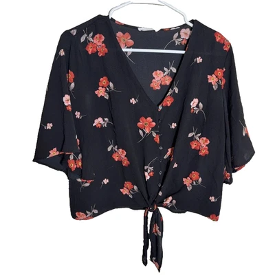 Пышная блузка женщин маленький черный цветочный v-образным вырезом коротким рукавом галстук богемное рубашка - Изображение 1 из 4