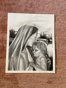 Original charcoal drawing mother and child realistic portrait art - Picture 1 of 3