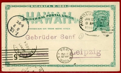 US Hawaii 1894, UX3 3c Green Postal Card, Honolulu to Leipzig, Germany - Image 1 of 2