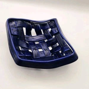 Handmade Cobalt Blue Ceramic Lattice Bowl Studio Pottery Modern Woven Basket Art - Picture 1 of 13