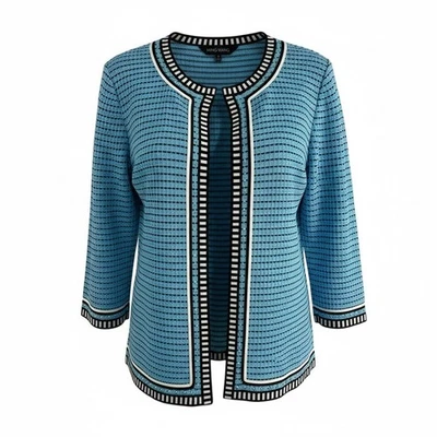 Ming Wang Blue Textured Geometric Open Front 3/4 Sleeve Cardigan Jacket - Image 1 of 4