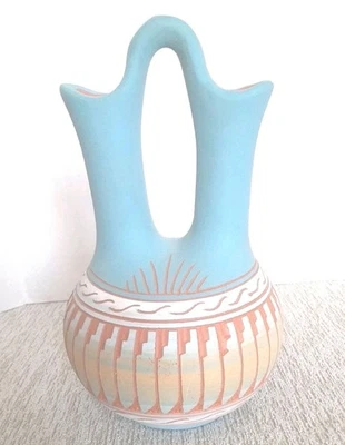 Navajo rote Ton Hochzeit Vase handgeätzt Terrakotta Keramik himmelblau signiert 7,5 - Bild 1 von 4