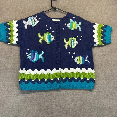 Cárdigan Suéter Clásico Marisa Christina Mujer M Bordado Pez Manga Corta Foto 1 de 4