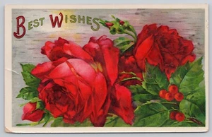Best Wishes, hermosas rosas rojas románticas, postal vintage - Imagen 1 de 2