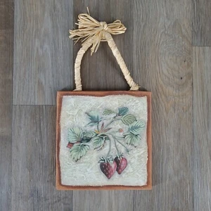Strawberry Wall Decor Countrycore Kitchen Art Terracotta Tile with Raffia Hanger - Picture 1 of 5