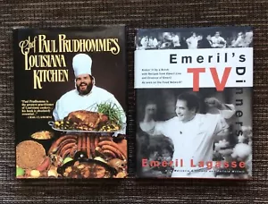 RARE 2-LOT SIGNED Paul Prudhomme Louisiana Kitchen, Emeril Lagasse TV Dinners - Foto 1 di 12