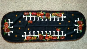 46" Handmade Wool Flannel Embroidered Jack O Lantern HALLOWEEN Table Runner - Picture 1 of 1