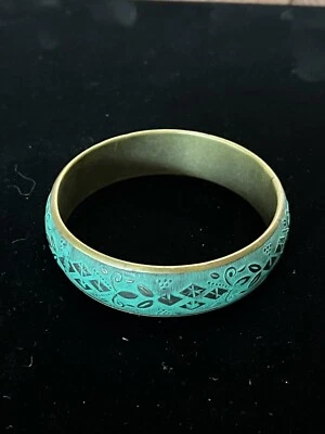 Vintage Blue Green Gold or Brass Tone Bangle Bracelet Boho Retro - Image 1 of 4