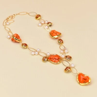 Collar de cristal de Murano marrón pepita turquesa naranja perla blanca cultivada de 22" Foto 1 de 4