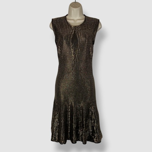 Abito donna Alexander McQueen armatura oro cucito maglia collo alto taglia S