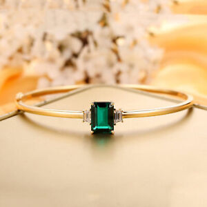 18 Kt Real Solid Yellow Gold 4 Ct Lab Created Emerald Women's Bracelet Bangle 