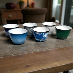 Vintage 6 tazze tazze smaltate assortite granito ciotole blu cobalto vorticoso ombreggiato - Foto 1 di 12