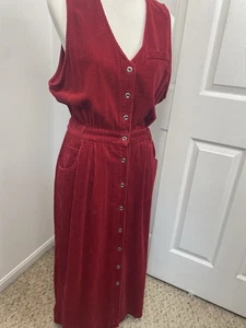 Vintage Corduroy Maxi Dress Red Size 12 Pockets 100% Cotton Jumper Teacher Mom - Picture 1 of 11