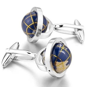 Really Spins Rhodium Plated Blue Globe Earth Cufflinks for Men with a Gift Box - Picture 1 of 6