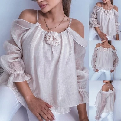 Women Cold Shoulder Long Sleeve Tops Ladies Flower Ruffle Chiffon Shirt Blouse - Image 1 of 4
