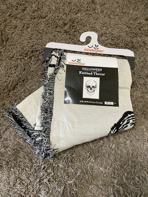 NWT ~ Halloween Skull Knitted Throw Blanket Tapestry 50"x60" Crème & Black - Image 1 of 4