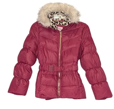 Juicy Couture Jacket Girls 14 Red Hooded Belted Faux Fur Leopard Puffer - Image 1 of 4
