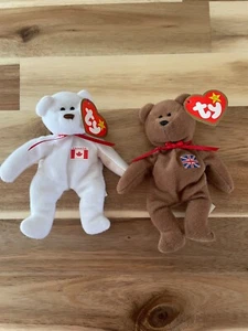Teenie Beanie Babies TY Maple and Britannia Bear Stuffed Animal 1993 Vtg. Mini - Picture 1 of 2