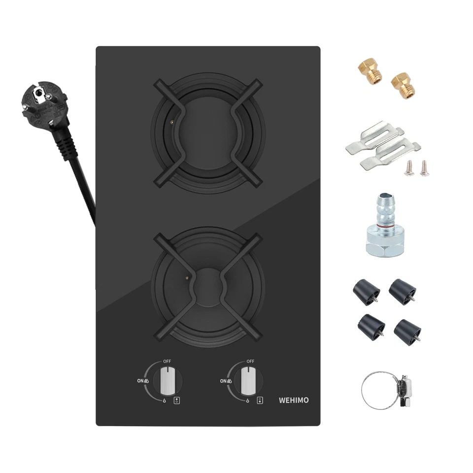 WEHIMO Gaskochfeld Domino-DG Einbau Kochfeld Glas Camping Gaskocher 2 flammig Propan