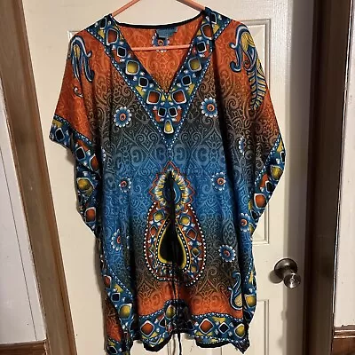 Aqua Blue Women Plus Size 3X Orange Blue Chiffon Tunic Top Bathing Suit Cover Up - Image 1 of 4
