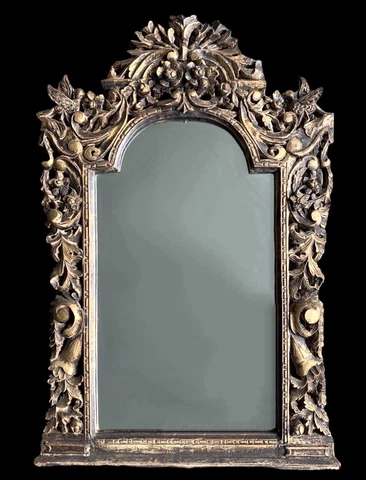 Antique Gilt Carved Wood Mirror ~ Spanish or Italian ~ birds, flowers Cover