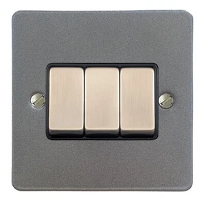 G&H FP303 Flat Plate Pewter 3 Gang 1 or 2 Way Rocker Light Switch - Imagen 1 de 1