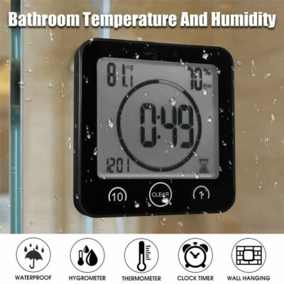 Black Digital Bathroom Shower Clock Waterproof Touch Screen Kitchen Timer Alarm - Image 1 of 4