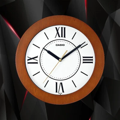 Casio IQ-126-5B Round Wood Frame White Face Easy to Read Wall Silent Clock New - Image 1 of 2