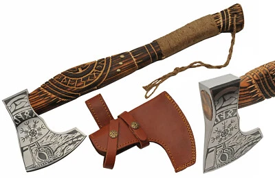 Viking Runic Fantasy Ax Burnt Ash Wood Handle Leather Sheath 20.5 in. - Image 1 of 4