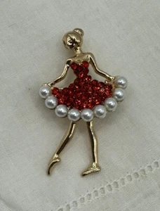 Ballerina W Red RS & Pearl Dress She Is 1 3/4” Tall X 1” Wide Brooch Pin GTone - Picture 1 of 4