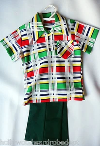 Años 70 poliéster disco vintage NUEVO a cuadros niño 5 6 años viejo camisa verde conjunto - Imagen 1 de 6
