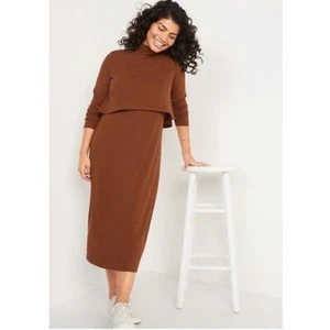 NWT Old Navy Maternity Double Layer Nursing Ribbed Knit Midi Dress Brown Medium - Picture 1 of 8