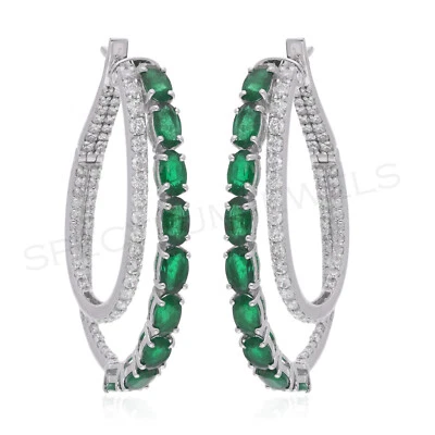 5.40 TCW Si / H Diamant Natürlich Sambianischer Smaragd Creolen 14k Weiß - Bild 1 von 4