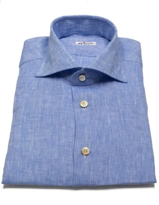 Kiton camicia di lino blu mélange con colletto a squalo - Immagine 1 di 2