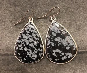 Handmade Snowflake Obsidian Teardrop Gemstone Dangle Style Earrings - Picture 1 of 4