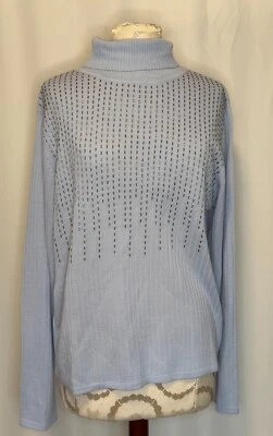 Baby blue lightweight womens's T-Neck sweater with front beading long sl S  AJ - Image 1 of 3