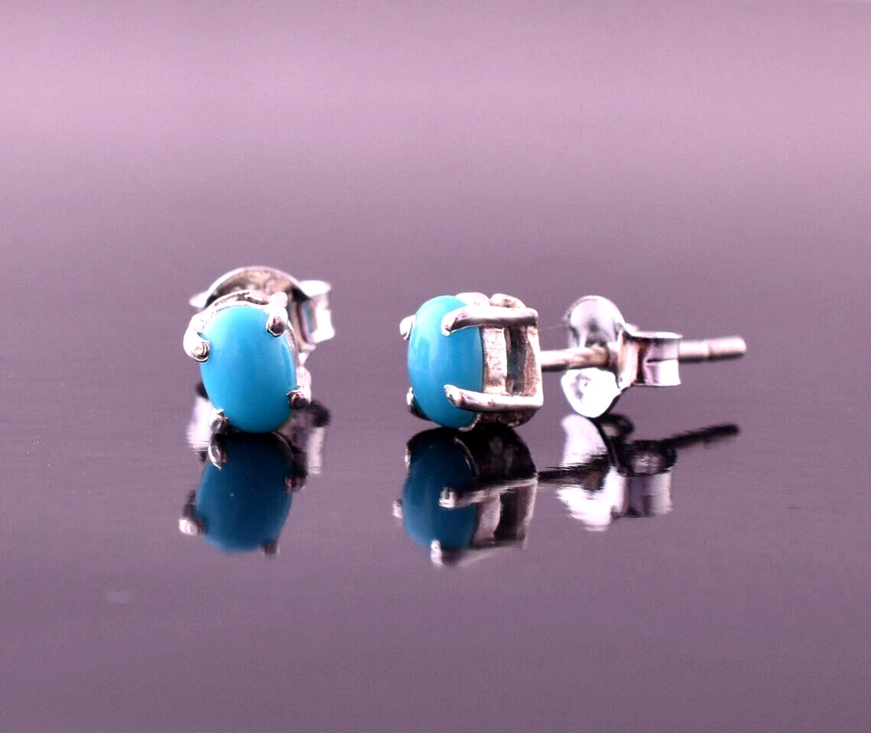 925 Sterling Silver Natural Sleeping Beauty Turquoise Oval 4x6 Cab Stud Earrings - Image 1 of 4