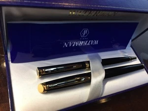 WATERMAN FRANCE BLACK WITH GOLD TRIM FOUNTAIN PEN AND BALLPOINT PEN SET, NEW - Picture 1 of 9