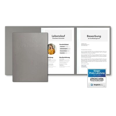 STRATAG 10 Bewerbungsmappen Grau 3-teilig feinste Lederstruktur mit 2 Klemmschienen Set
