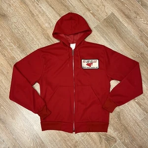 Vtg 70s Hoodie Sweatshirt Wolfs head motor oil Patch Sz Medium Red Talon Zipper - Picture 1 of 8