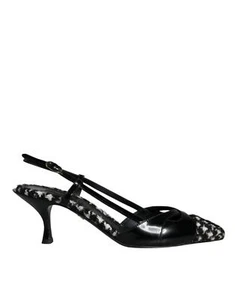 DOLCE & GABBANA Women Black Sandals Leather Houndstooth Slingback Heels Sz EU 39 - Picture 1 of 8